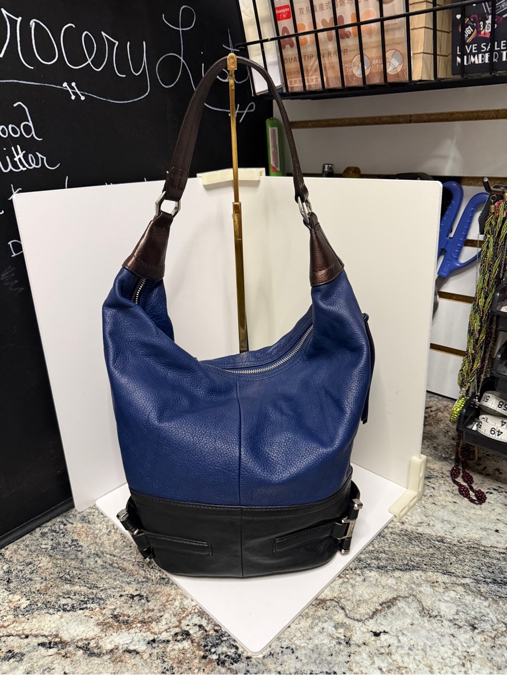 b. makowsky Blue and Black Leather Hobo Bag with Brown Handles - Picture 13 of 13